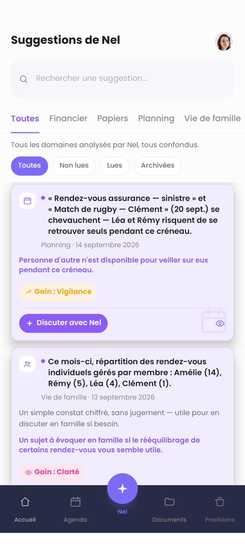 Suggestion de Nel : « 3 échéances tombent la même semaine — Contrôle technique Renault Espace, Assurance habitation Maison, Entretien annuel chaudière ».