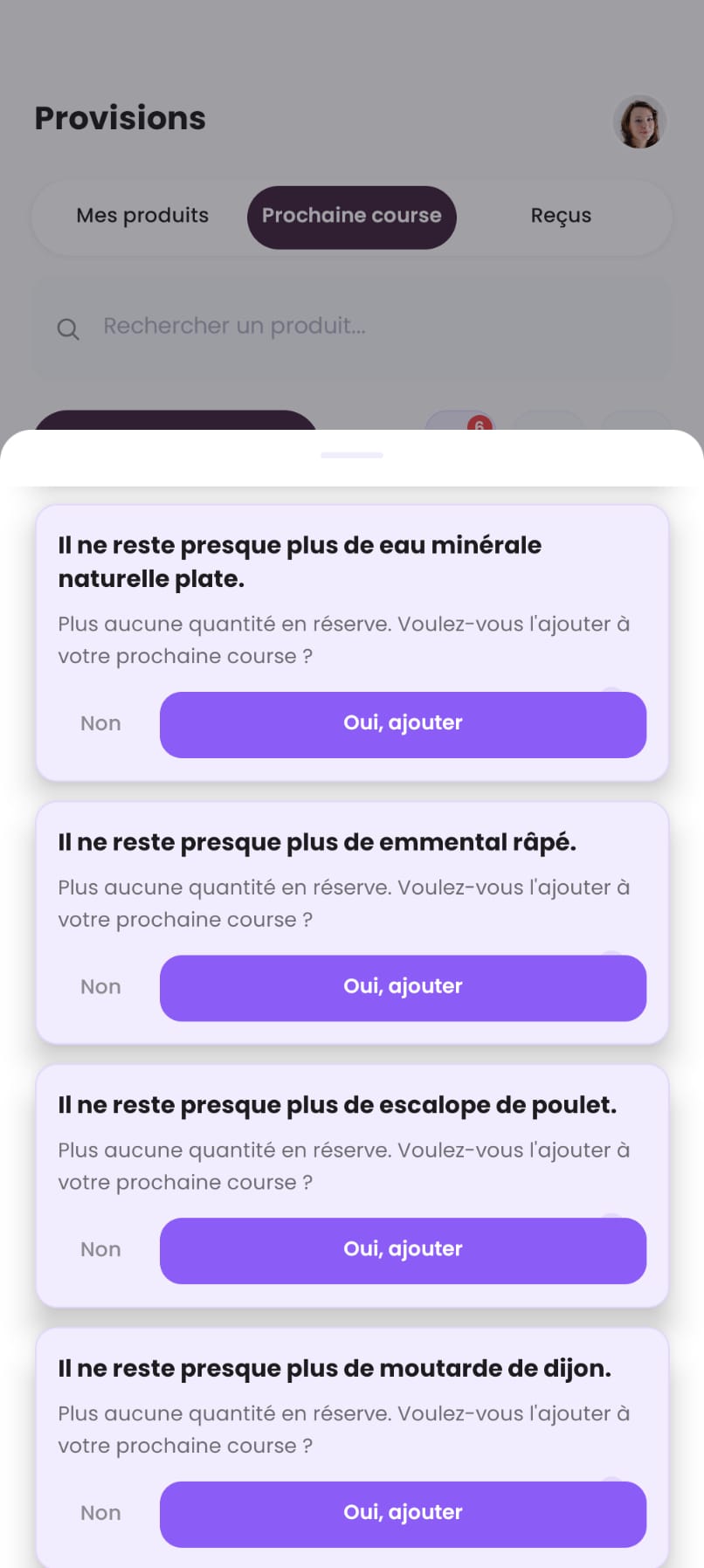 Propositions de Nel sur l'écran Provisions : « Il ne reste presque plus de moutarde de dijon » et « Il ne reste presque plus de riz basmati », avec un bouton « Oui, ajouter ».