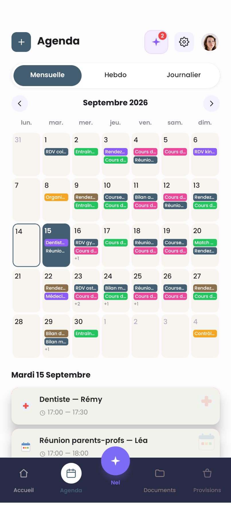 Agenda du mardi 15 septembre : « Dentiste — Rémy » 17h00-17h30 et « Réunion parents-profs — Léa » 17h00-18h00, au même horaire.