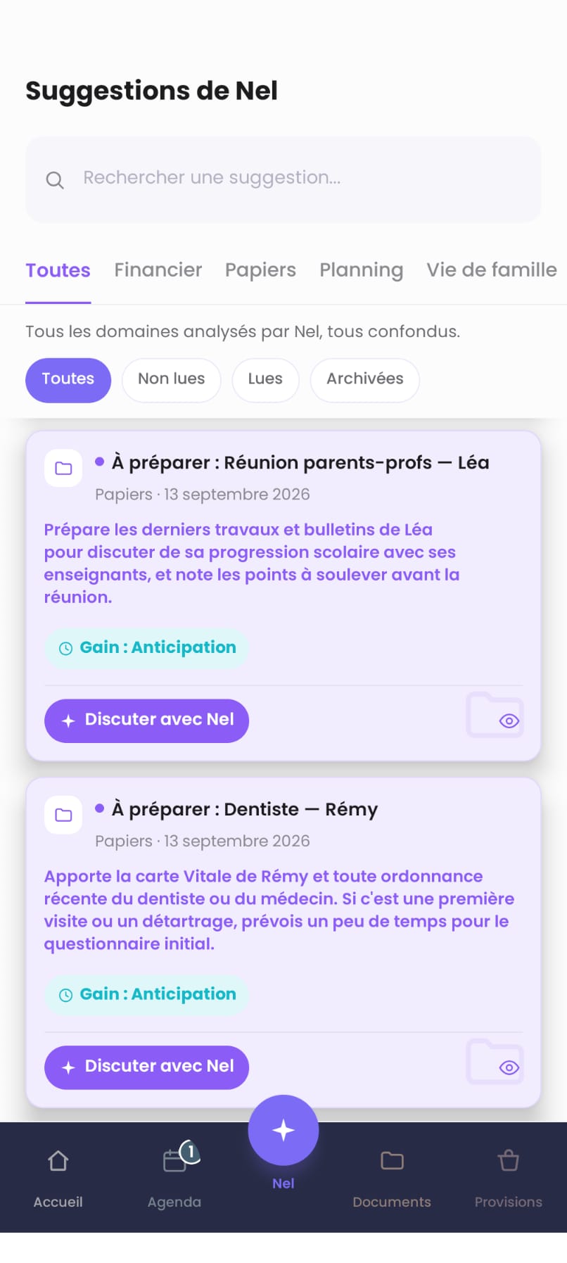 Suggestions « À préparer : Réunion parents-profs — Léa » et « À préparer : Dentiste — Rémy », avec le détail de ce qu'il faut apporter.