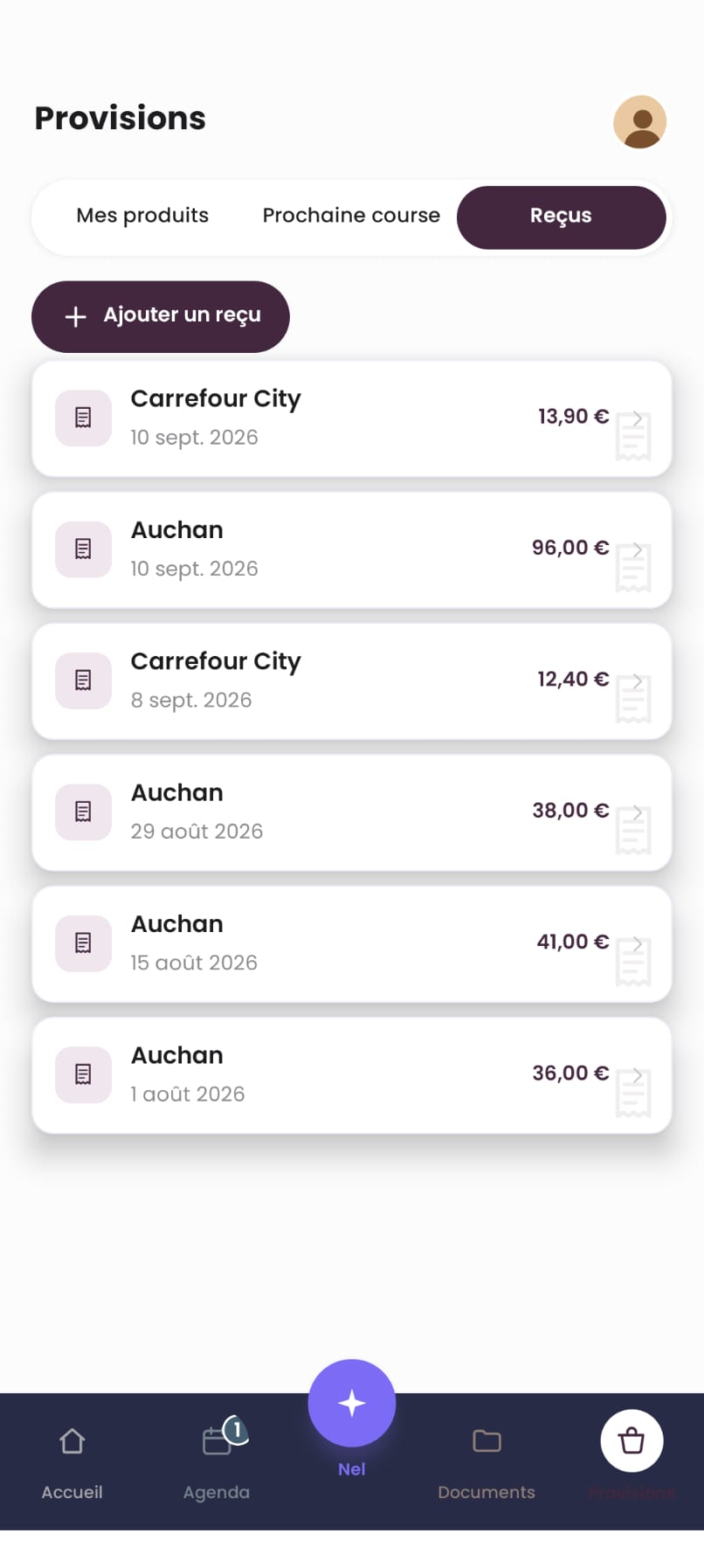 Onglet Reçus de Provisions : tickets Carrefour City et Auchan classés automatiquement avec leur date et leur montant.